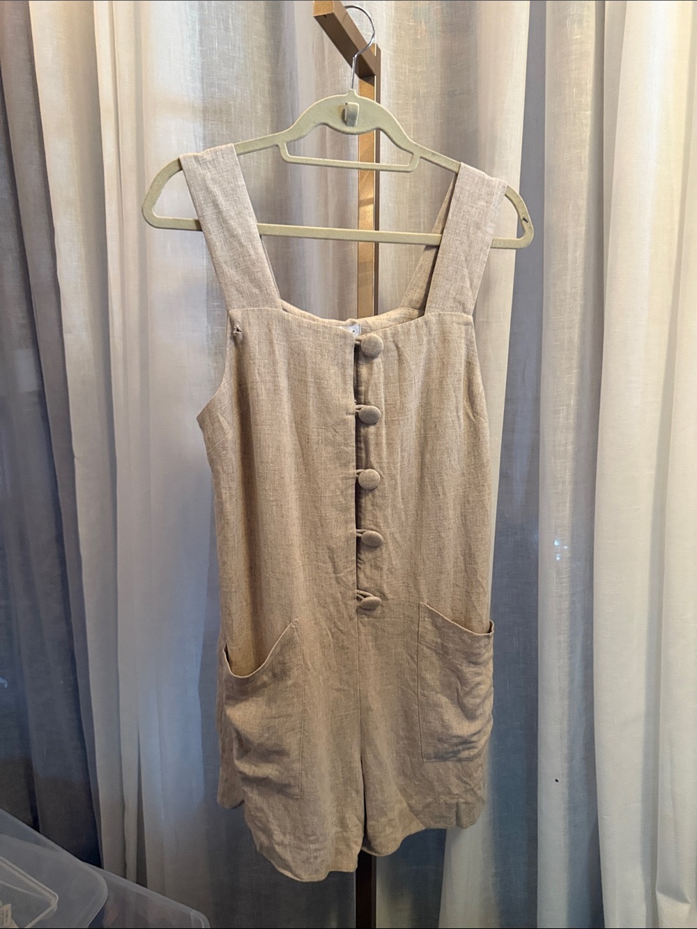 Topshop Beige Linen-Blend Romper with Front Buttons